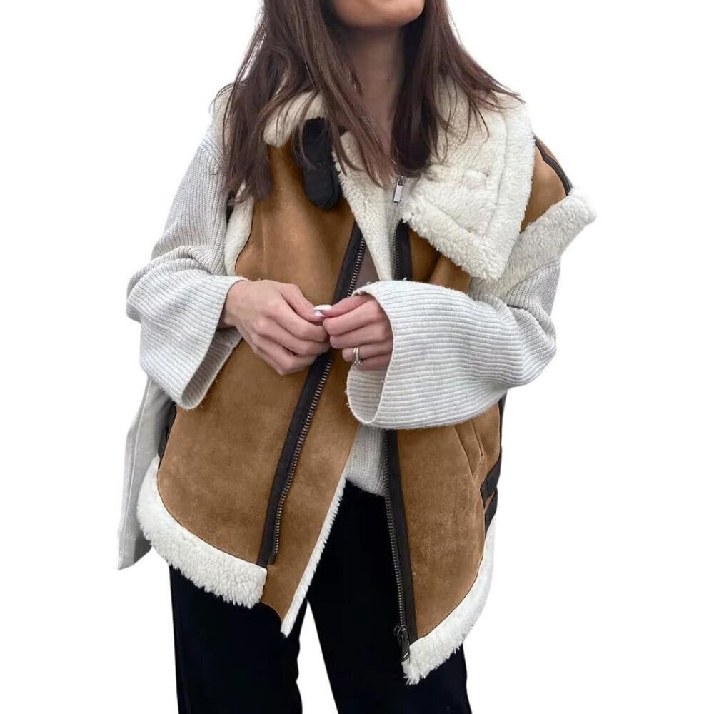 Women's Brown Winter Warm Suede Sherpa Leather Vest Jacket Zip Up Sleeveless